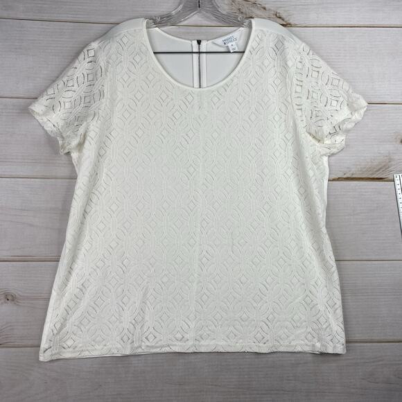 Market & Spruce Top Womens XXL Cream White Lace Cutout Overlay Short Sleeve Zip - Picture 1 of 9